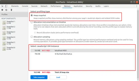 使用 Heap Snapshot 工具的 Chrome 开发者工具内存选项卡中的屏幕截图