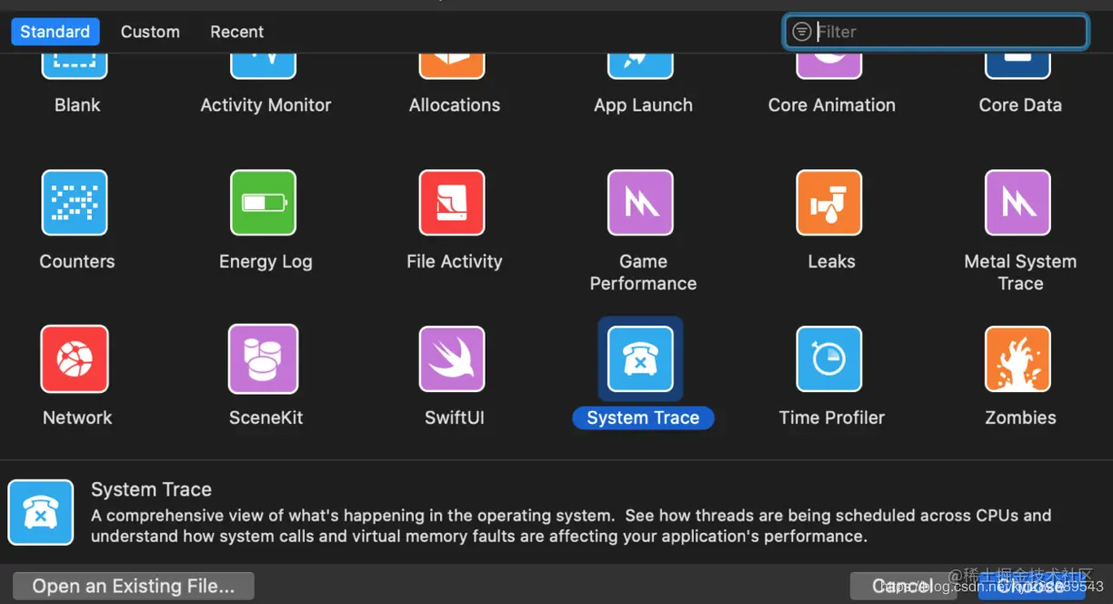 打开 Instruments , 选择 System Trace
