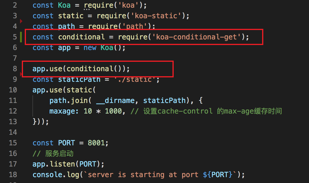 配置中间件`koa-conditional-get`