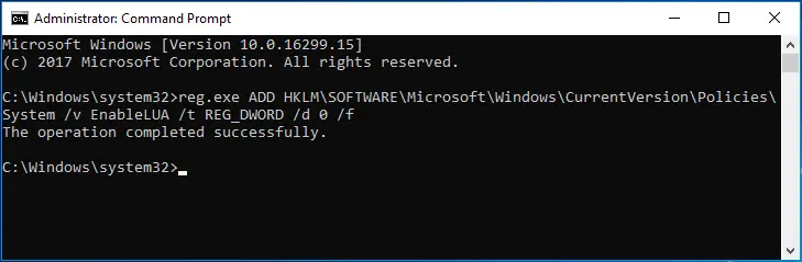 dsiable UAC Windows 10 command line 