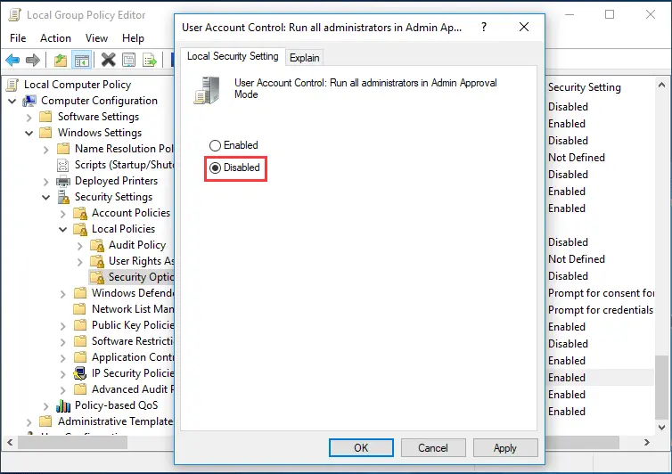 diable UAC Windows 10 group policy 