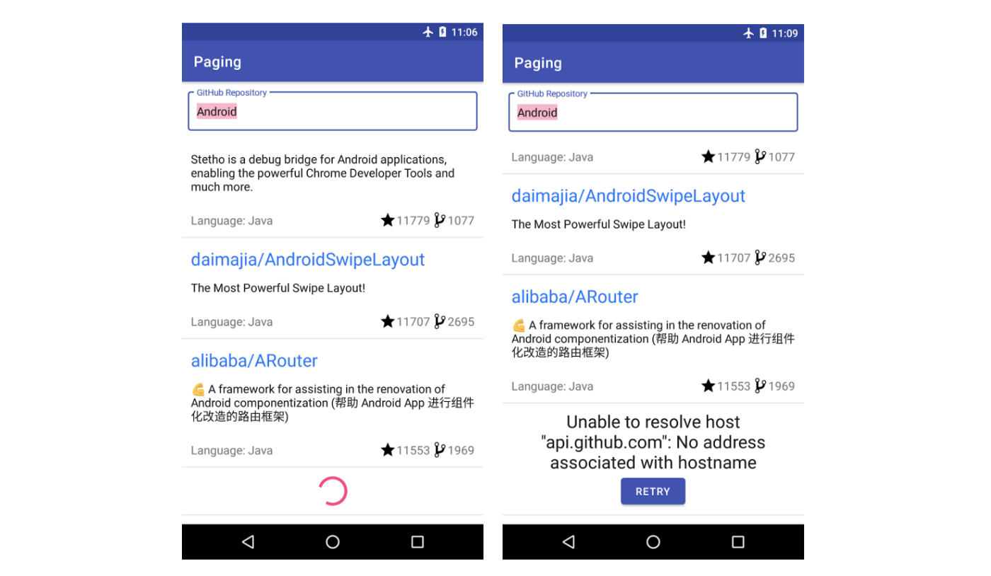 A RecyclerView with a footer displaying the loading state: progress or error