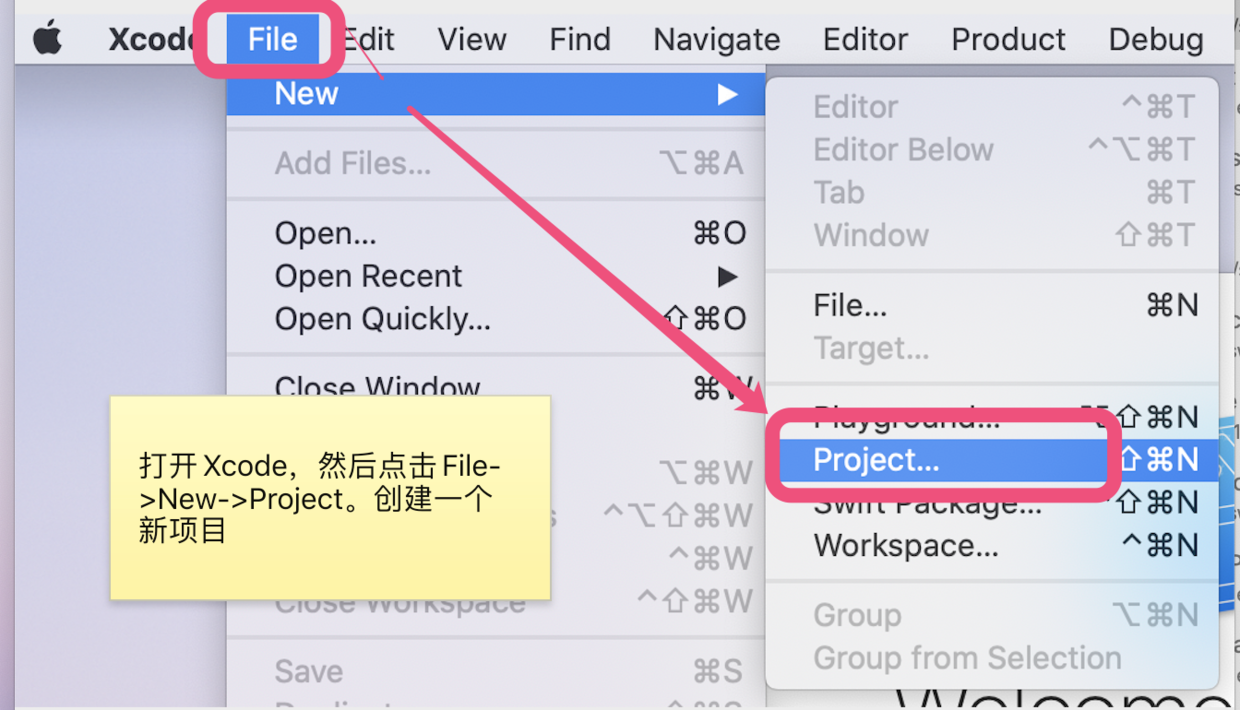 打开Xcode后，点击File -> New -> Project