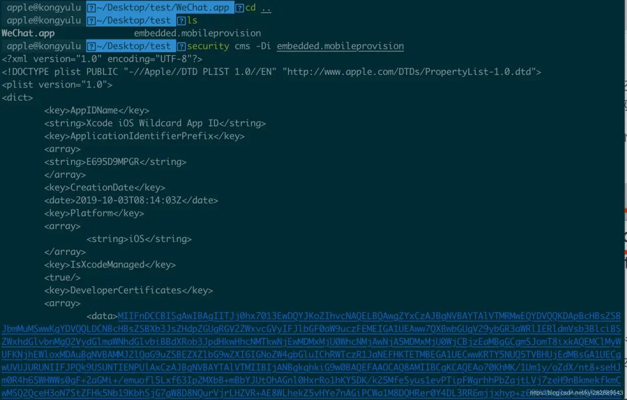 命令行查看描述文件：security cms -Di embedded.mobileprovision