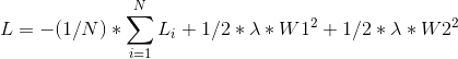 L = -(1/N)*\sum _{i=1}^{N}L_{i} + 1/2 *\lambda*W1^{2} +1/2 *\lambda*W2^{2}