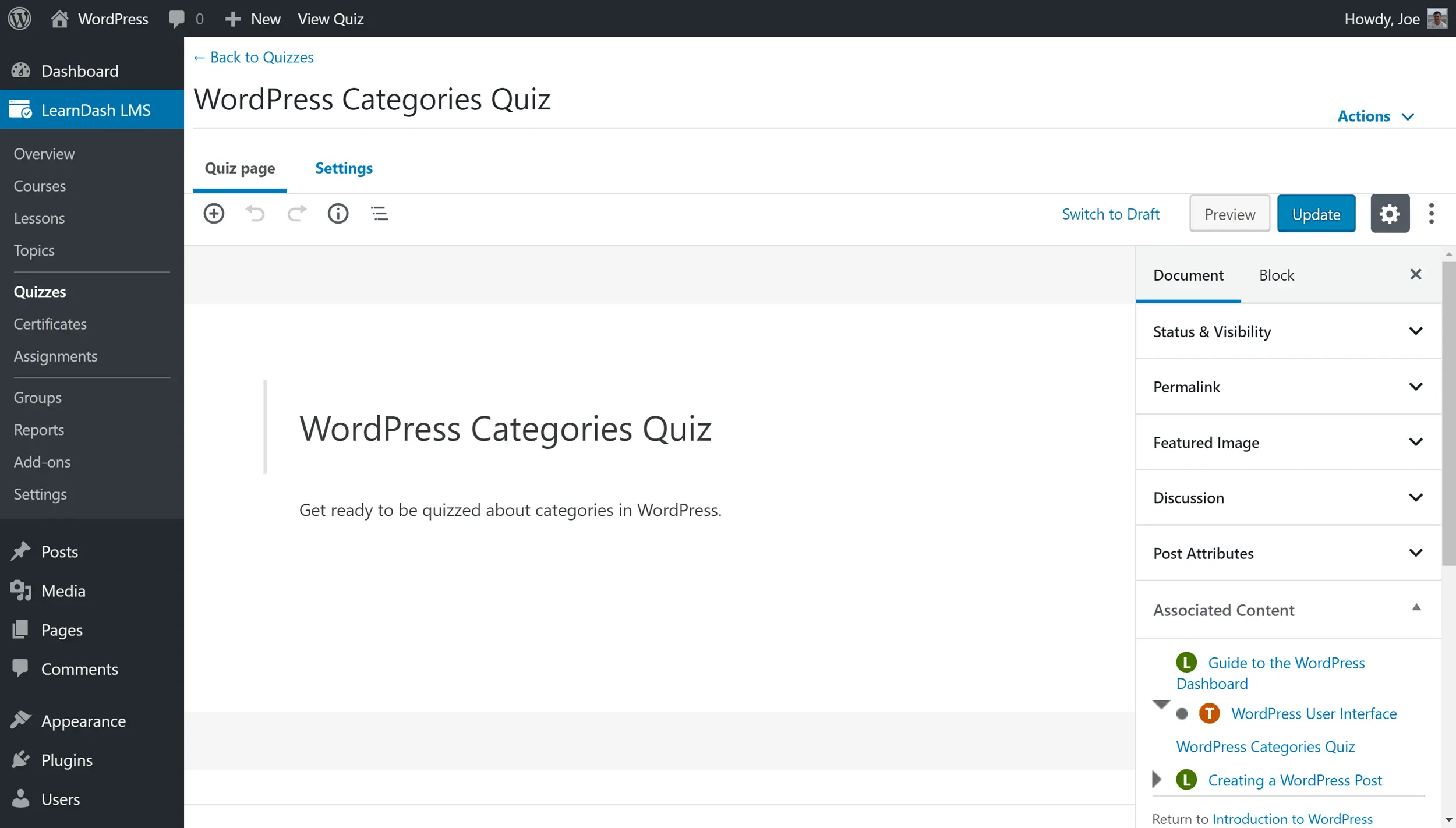 在LearnDash中创建测验