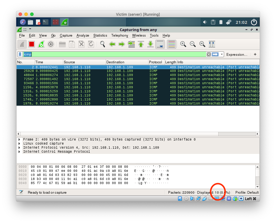10 packets captured with Wireshark during a 10 seconds attack