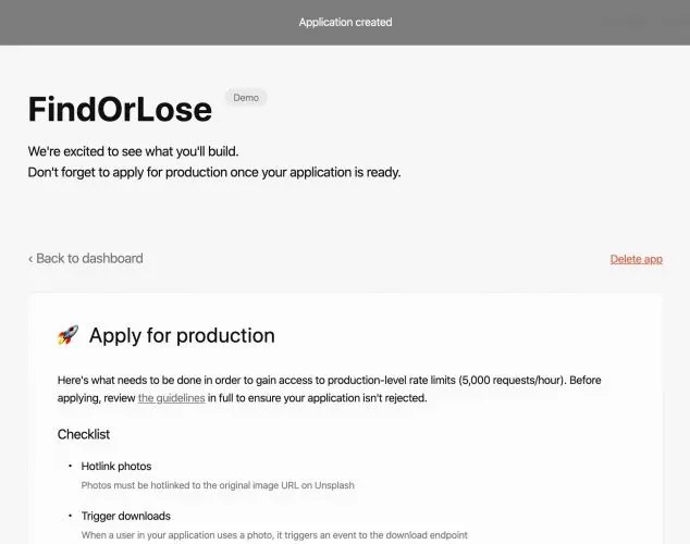 Creating Unsplash app to get the API key