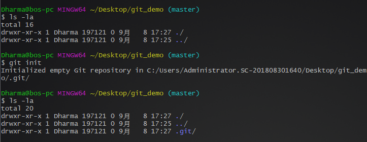 一开始我们的空仓库里面是没任何东西的，执行git init命令以后多出了一个.git文件