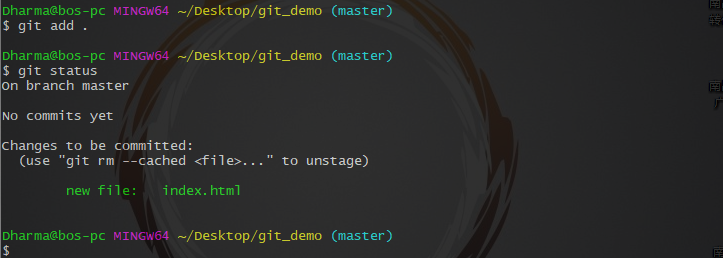 这里我们在文件里新建了一个index.html文件，执行git add命令以后提示变更已放入暂存区