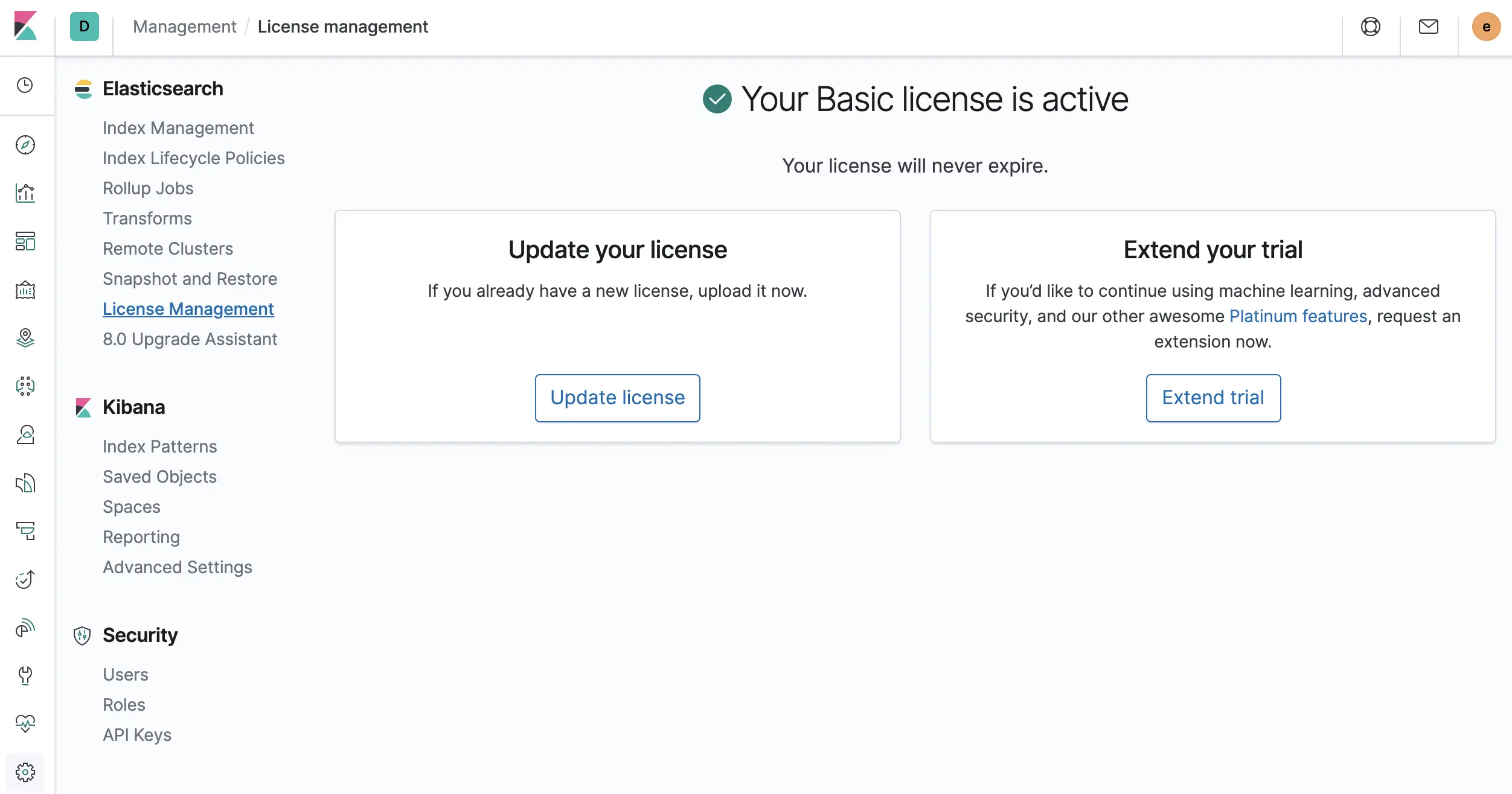 ELK  基础版本授权界面