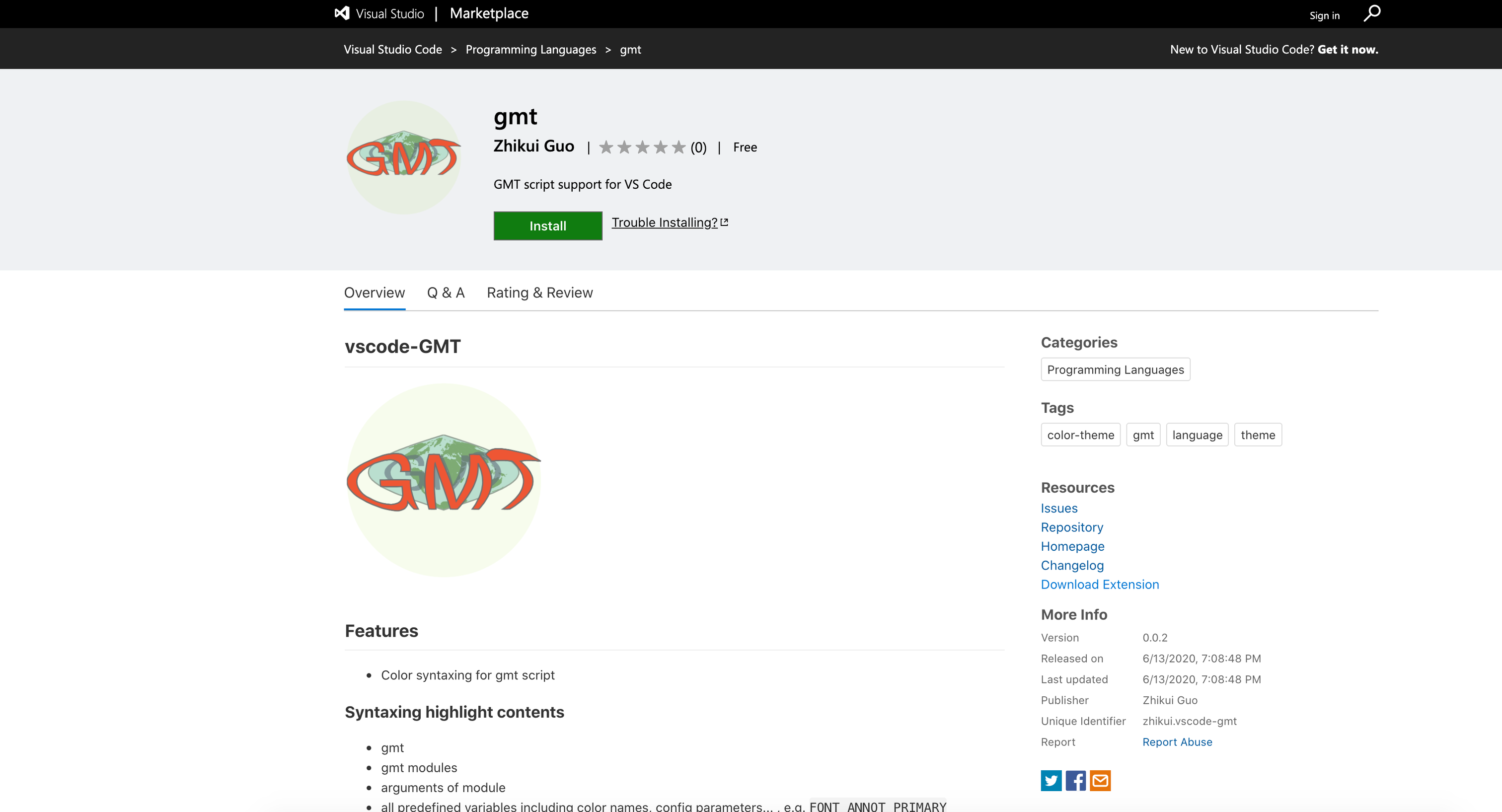图6：vscode-GMT插件在Marketplace上的效果截图
