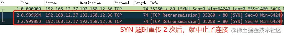 SYN 超时重传两次