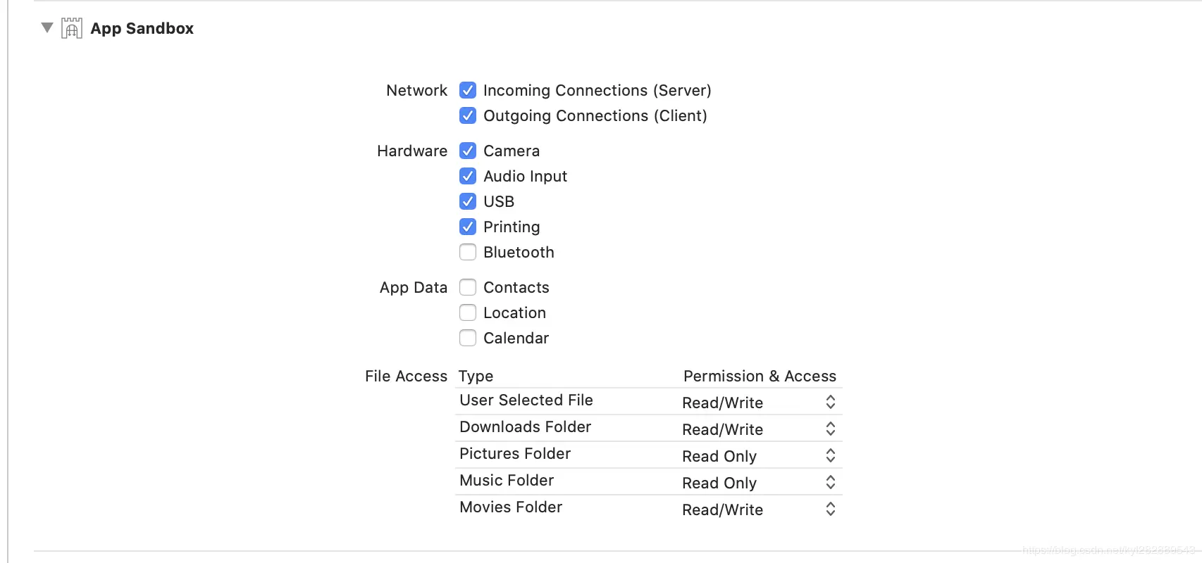 App Sandbox开关,点击ON,表示应用使用沙盒