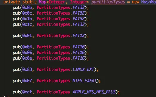 分区表项中的第5位代表其文件系统类型
这是文件类型对照表