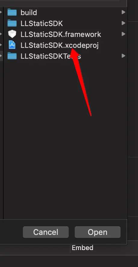 添加LLStaticSDK.xcodeproj